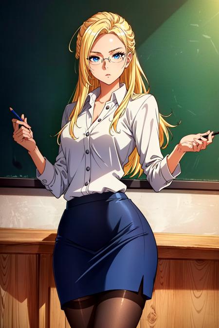 <lora:Ashe:0.7> Ashe, 1girl, solo, pantyhose, blonde hair, glasses, standing, teacher, formal, skirt, suit, long hair, chalkboard, black pantyhose, skirt suit, thighband pantyhose, pencil skirt, looking at viewer, blue eyes, perfect lighting, ((shining face, shining body)), perfect face, make up, eye shadow, ((gorgeous)), Extremely beautiful, perfect, (masterpiece:1.2), (best quality:1.2), cinematic, perfect skin, perfect lighting, textured skin, detail, beauty, overall, hour glass body, sharp focus, ultra-detailed, illustration, perfect face, ((gorgeous)), Extremely beautiful, perfect, detailed background, ((shonen style)), (detailed background, intricate background:1.1), beautiful, ((Extremely Detailed)), ((Best Quality)), ((Masterpiece)), ((4k))