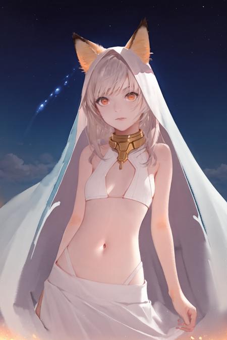 (hyper extreme detailed,masterpiece,best quality:1.2),(watercolor:1.1),dynamic angle,floating,beautiful detailed glow,1girl,solo,sfw,white long hair and fox ears,red eyes,bangs,parted bangs,eyes visible through hair,sidelocks,hair intakes,small breasts,veil,bare shoulders,navel,starry sky,desert,floating sand flow,colorful bubble <lora:SilvermoonMix04_2:1>