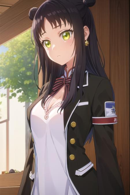 teriawang, <lora:teria wang s1-lora-nochekaiser:1>,
teria wang, long hair, black hair, (green eyes:1.3), hair bun, double bun,
BREAK dress, earrings, chinese clothes, armband, bow, school uniform, jacket, striped, white dress,
BREAK indoors, classroom,
BREAK looking at viewer, (cowboy shot:1.5),
BREAK <lyco:GoodHands-beta2:1>, (masterpiece:1.2), best quality, high resolution, unity 8k wallpaper, (illustration:0.8), (beautiful detailed eyes:1.6), extremely detailed face, perfect lighting, extremely detailed CG, (perfect hands, perfect anatomy),