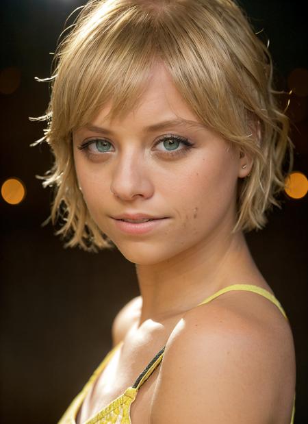 portrait of skswoman, happy , wearing casual wear , with dirty blonde Blunt haircut , background corn maze epic (photo, studio lighting, hard light, sony a7, 50 mm, matte skin, pores, colors, hyperdetailed, hyperrealistic), <lyco:Michelle JennerV2:1.2>