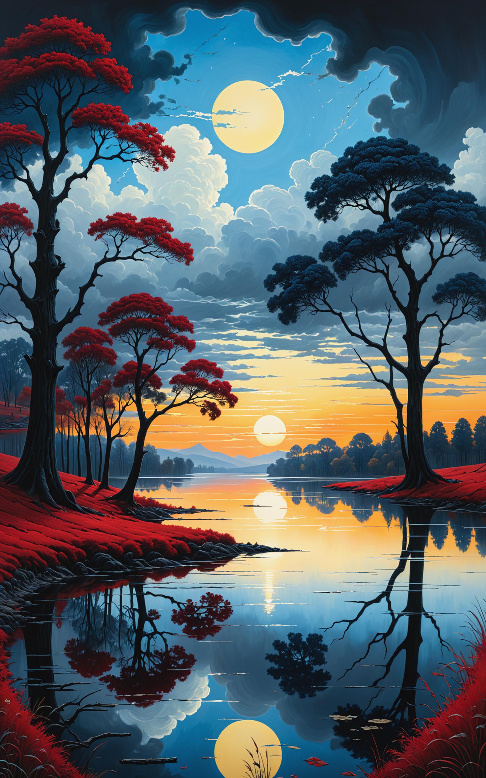 A Painting of a Sunset Over a Lake with Trees and Clouds
