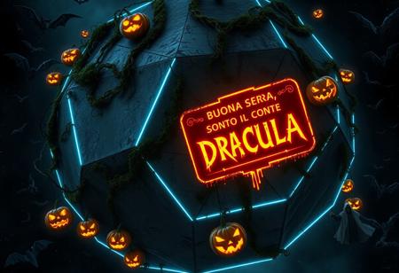 “A massive, decayed geodesic octagon structure floats ominously in the depths of outer space, with metallic panels corroded by dark green moss, rust, and slimy streaks. Flickering neon-blue lines trace the structure’s geometry, casting eerie shadows across its surface. Halloween-style pumpkins with menacing, carved faces drift around the octagon, each one glowing a haunting orange from within. Desiccated vines wrap around the structure, adding an organic, rotting touch. Suspended near the octagon, a glowing, vintage-style sign reads, ‘Buona sera, sono il conte Draculaaaaaaaaaa,’ in dripping, blood-red letters, adding a campy, gothic touch to the scene. Spectral bats swarm around, casting shadowy trails as they pass, while ghostly witches with tattered cloaks ride their broomsticks, leaving smoky mist behind. Nearby, a Dracula figure with a dramatic black cape floats ominously, his eyes glowing a deep red. The distant stars cast a faint, ghostly glow over the scene, while a swirling nebula of purples and oranges enhances the haunted, spacey vibe. Shot with Panavision optics, every detail is captured in ultra-realistic 8K, and Octane Render highlights every eerie texture and supernatural element, making for a spine-chilling, cinematic Halloween atmosphere.”