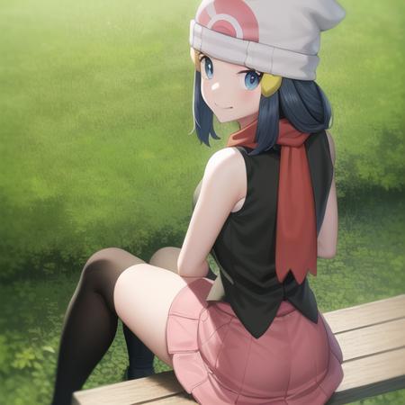 <lora:character_pokemon_dawn_v4:0.5> forest, 1girl, character_pokemon_dawn, solo, sitting, on bench, hands on own thighs, from behind, from above, looking back, looking at viewer, smile, closed mouth, beanie, hairclip, sleeveless shirt, skirt, kneehighs, scarf