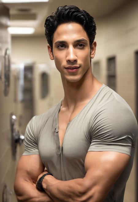 (RAW photo:1.4), michael trevino a man <lora:Vedang-Raina_Michael-Trevino:0.75>, looking at viewer, smirk, full body, wearing tank top, sweating, towel around neck, standing, dark features, smooth, muscles, barefoot, ((steamy locker room setting)), intricate details, 8k, ultra-high-definition, (photo-realistic:1.3),(fit and sculpted physique:1.1), (accentuating his every curve:1.1), (subtle sheen and texture:1.2), (soft and brightly lit:1.2), (muted color palette:1.1),