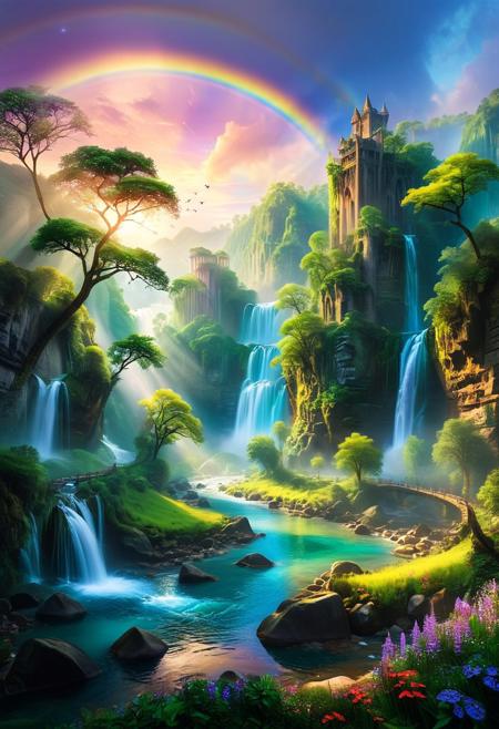 In this fairy tale-inspired landscape rendered in stained glass style, envision majestic mountains rising like enchanted castles into the pastel-hued sky, their peaks crowned with glistening snow that sparkles like diamonds in the morning light. A crystal-clear river meanders through the valley, its waters imbued with a magical iridescence that reflects the colors of the sky and the lush greenery of the ancient trees lining its banks. Wisps of ethereal mist dance among the trees, weaving spells of enchantment throughout the landscape. Birds with rainbow-colored plumage flit between branches, their melodic songs adding to the enchantment of the scene. In the distance, a cascading waterfall tumbles from a sheer cliff, its crystalline waters forming a rainbow bridge that arcs across the river. This fantastical panorama, with its vibrant colors and whimsical details, transports viewers to a world of wonder and imagination, where every corner holds the promise of adventure and magic.