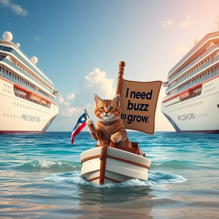 Ultra realistic. beautiful beach, 2 bigg cruises on the sea one in each side of the photo the cruises have an "PRO CREATORS" logo on it's side, in the middle of the image a little happy cat captain in  a little steam boat  with a flag, the flag  has an "I need buzz to grow" logo on it