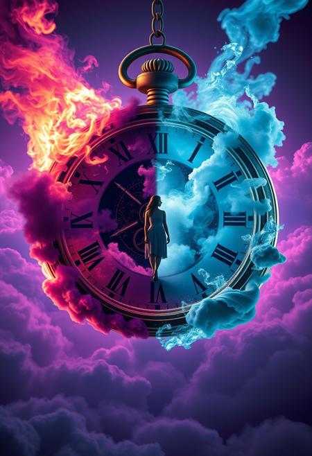 A mesmerizing scene of a colossal, antique pocket watch suspended in the void, split between two opposing forces. The left half is engulfed in swirling flames, now glowing with rich purple and pink hues, while the right half is shrouded in a cold, misty teal-blue energy that seems to crackle with power. In the center of the watch, a lone, shadowy woman stands at the intersection of these two forces, as if caught in the balance between time and destiny. The intricate Roman numerals on the watch face and the finely detailed gears within are partially crumbling, disintegrating into clouds that billow out into the surrounding space. The background features dense, rolling clouds, colored in deep purples and teals, adding depth and drama to the scene. The overall atmosphere is one of cosmic tension, where time seems to stand still at the edge of destruction and creation, with the vivid color palette of purple, pink, and teal-blue enhancing the surreal, otherworldly feel of the image.