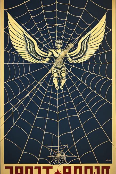 soviet war propaganda poster, angels, spider web, angel tied in web, tangled, spider lurking