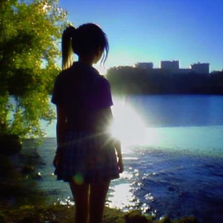 <lora:1:1.0> , old_siemens, foreground, background, overexposure,  film grain,
 1girl, bird, black hair, clouds, day, facing away, highres, horizon, kaisoku hirosuko, light rays, long hair, low ponytail, outdoors, ponytail, reflection, ripples, sailor collar, scenery, short ponytail, skirt, sky, solo, sunbeam, sunlight, water