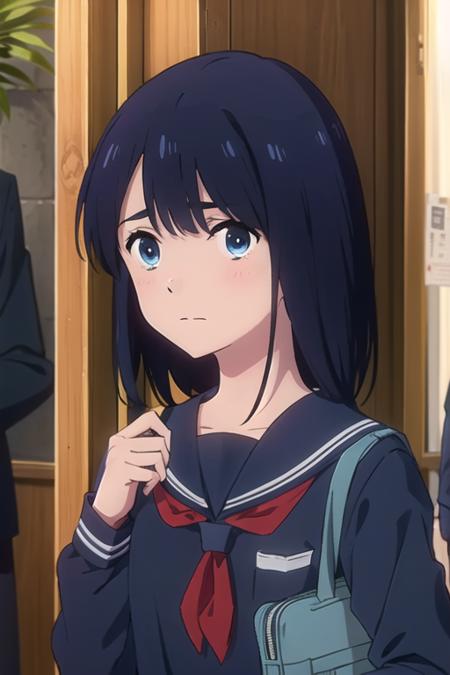  ((masterpiece)), (((best quality))), ((extremely detailed)), kokoro, 1girl, short hair, looking at viewer, blush, bangs, blue eyes, shirt, black hair, long sleeves, closed mouth, school uniform, blue hair, upper body, serafuku, solo focus, sailor collar, bag, neckerchief, expressionless, blue shirt, blue sailor collar, red neckerchief, school bag, blue serafuku