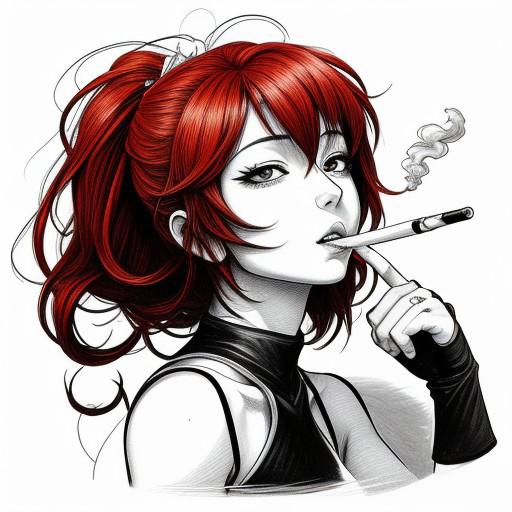 ink. Pencil black and white
Beautiful girl redhead anime style. Anime style. Smoking. Mature content. Black, white, red, orange colors. Shapes and dynamic in background Outlines -- --