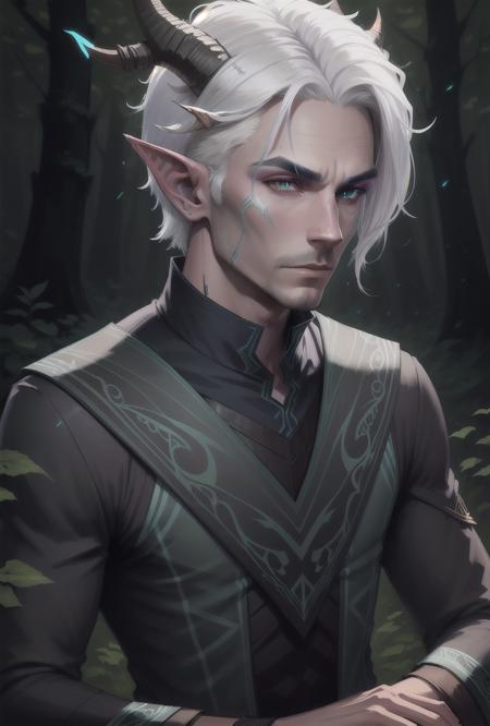 solo, in a forest at night, inticrate background,   male moonshadow elf, 2 horns, white hair,   man, dark top, <lora:xadia_elves_small:1>