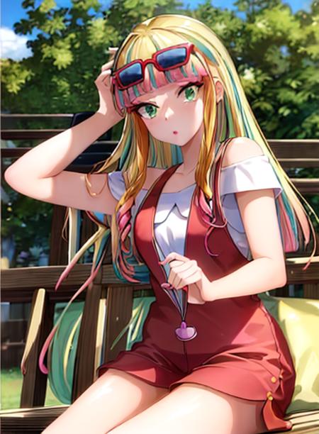 best quality, (masterpiece),(ultra-detailed), (high quality), (high resolution),<lora:add_detail:0.5> , <lora:risa-10:1>,risa, long hair, blonde hair, green eyes, multicolored hair, bangs, pink hair, blunt bangs, makeup, sunglasses