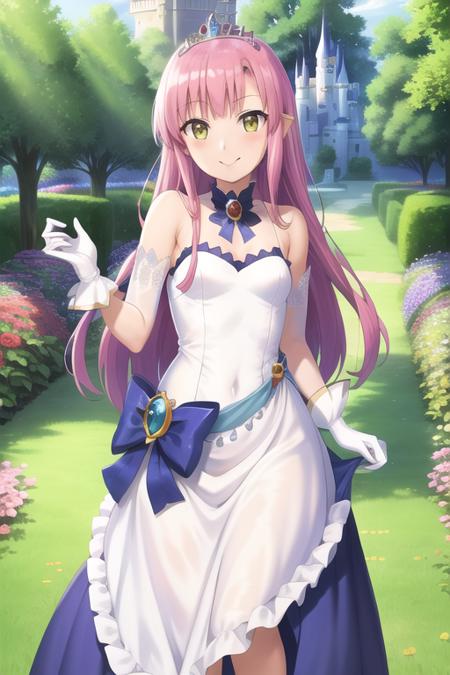 masterpiece, best quality, hinagiku katsura, dress, princess, princess dress, blue dress, royal dress, tiara, garden, colorful garden, castle, day, smile, white gloves,  pink hair, yellow eyes, <lora:HinagikuV2:0.6>