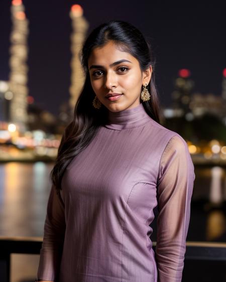a photo of a cute 30-year-old woman, dgmochav2_TI, professional portrait photo,Eyebrow furrow of confusion look on face, high neck Mauve Jeans_with_kurta, high ponytail and bangs, soft lighting, solo, night time, city bokeh lights