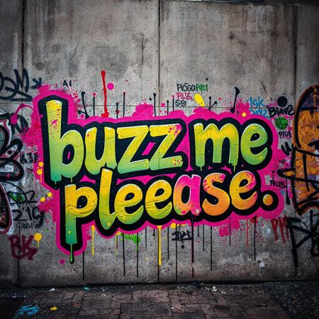 "A vibrant and colorful graffiti wall in an urban setting, featuring bold and stylized text that reads 'buzz me please', spray-painted with dynamic drips and splatters, surrounded by intricate graffiti art, tags, and abstract designs, realistic texture of concrete wall, vibrant neon colors, high contrast, urban atmosphere, gritty yet artistic, photorealistic details, 8K resolution, cinematic lighting, capturing the essence of street art culture, raw and edgy vibe, perfect composition, ultra-detailed, ultra-sharp focus, stunning visual impact."