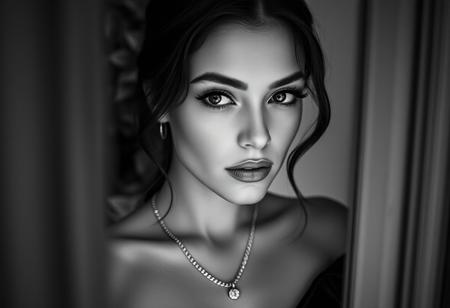 black and white close-up portrait taken from inside of a young woman with medium breasts, perfect eyes, and light makeup, wearing a black velvet top and gold chain. She gazes seductively through an open window, framed by blurred greenery. dutch angle, Rembrandt lighting enhances her elegance, with Kodak Portra colors and professional grading.