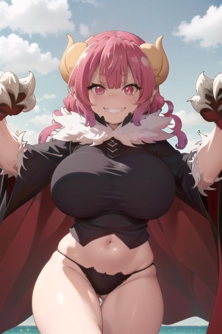 (((pixel-perfect, detail-perfect, photo-perfect))), solo, 1girl, <lora:ilulu-maidragon:0.8>, ilulu, (claws:1.1), huge breasts, black shirt, fur trim, cape, panties, looking at viewer, v eyebrows, evil smile, grin, sharp teeth