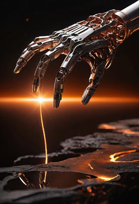 robotic hand holding the edge of the universe at the forge of eternity, the best possible quality, refined image, clean details, natural materials, perfect shadows, accurate reflections, realistic elemental forces