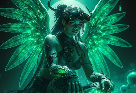 In a highly detailed, golden ratio composition, an epic Cyber Angel Dakini sits on a Hologram Projection, wearing dark visors. The official render showcases deep green details, complemented by a cybertruck and ink blot. The scene, akin to "Oh Lawd He Coming," is enhanced with a beautiful picture of a stray, executed in a photoshoppainting style. The image, sharp and vivid as a gigapixel, features an ammo bandolier and a corrected hand. The promotional render, presented in 4K HD, showcases a captivating blue-eyed gaze. The artwork is further enhanced with a sharp focus, evocative of a high-definition cinematic experience, and detailed intricate elements reminiscent of renowned artists like Beksinski, Takato Yamamoto, Marc Simonetti, and Nathan Walsh, ultimately culminating in a true masterpiece.