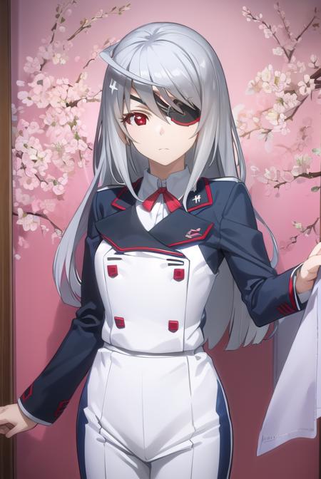 laurabodewig, <lora:laura bodewig s2-lora-nochekaiser:1>,
laura bodewig, long hair, (red eyes:1.3), grey hair, eyepatch,
BREAK school uniform, ribbon, blue ribbon, long sleeves, (red trim:1.2), uniform, military uniform, (white military uniform:1.5),
BREAK indoors, classroom,
BREAK looking at viewer, (cowboy shot:1.5),
BREAK <lyco:GoodHands-beta2:1>, (masterpiece:1.2), best quality, high resolution, unity 8k wallpaper, (illustration:0.8), (beautiful detailed eyes:1.6), extremely detailed face, perfect lighting, extremely detailed CG, (perfect hands, perfect anatomy),