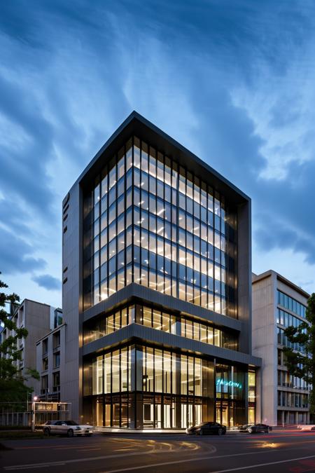 <lora:JJsOffice_Building:1>, masterpiece , best quality, ((Office Building)), outdoors,  cloud, blue sky, no humans, building, scenery, street, car, day, glass wall, <lora:add_detail:.5>
 soft lighting, high quality,