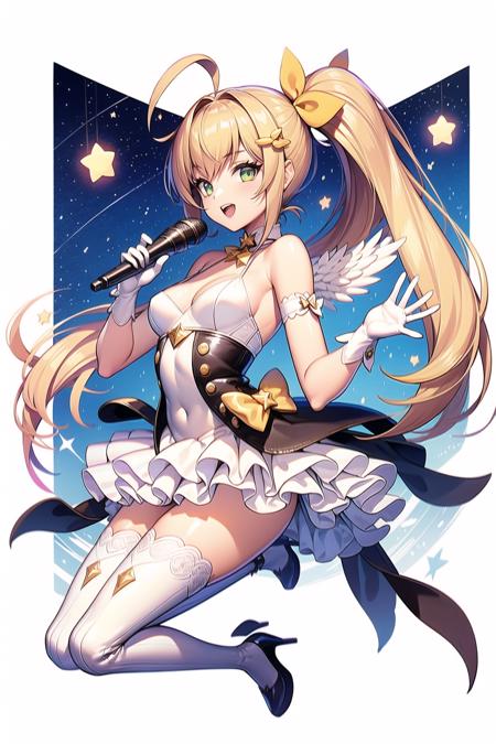 1girl, solo, blonde hair, thighhighs, microphone, gloves, high heels, wings, elbow gloves, white background, green eyes, dress, smile, holding, holding microphone, looking at viewer, white gloves, orange legwear, star \(symbol\), full body, standing, hair ornament, ahoge, boots, white dress, thigh boots, star hair ornament, simple background, white wings, bow, hair bow, bare shoulders, bangs, open mouth, feathered wings, striped legwear, hair between eyes, eyebrows visible through hair, striped, side ponytail, ribbon, zettai ryouiki, high heel boots, frills, sleeveless, white bow, long hair, ponytail, vertical-striped legwear