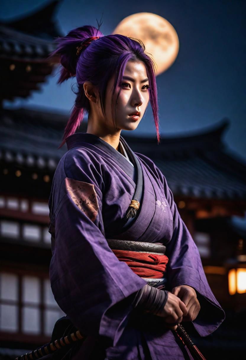 20yo Female ninja (Sekiro), purple hair, big breast, wearing sexy ninja dress, detailed eyes, on the roof of a Japanese temple, full moon at his back, (cinematic lighting:1.3), full body, Fujifilm XT3,(sharpen light:1.2),(intricate shadows:1.3),((heroic:1.6)),cinematic shot,perfect eyes, Canon RF85mm f/1.2, masterpiece ,best quality,ultra high resolution,cinematic lighting,reflections,HDR,8K resolution,