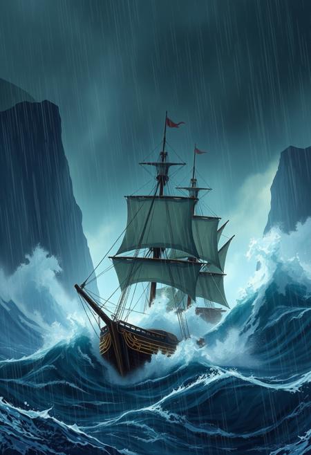 In the midst of a raging storm, a galleon battles enormous waves under a dark and ominous sky. Heavy rain lashes against the ship, drenching the deck and making it treacherously slick. Towering cliffs loom in the background, their jagged edges barely visible through the torrential downpour. The galleon, with its sails struggling against the ferocious wind, fights to stay afloat as the relentless sea threatens to engulf it. The scene is shrouded in darkness, save for the occasional flash of lightning illuminating the perilous surroundings. romantic impressionism, dream scenery art, beautiful oil matte painting, romantic, beautiful digital painting, anime landscape, romantic painting, dreamlike digital painting, colorful painting, thick brushstrokes characteristic, rough stroke, beautiful gorgeous digital art, style of greg rutkowski, thomas kinkade, janek sedlar, jenny saville