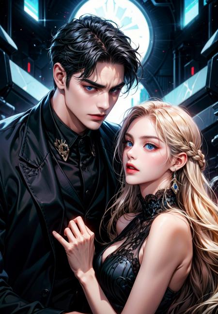 (a cool boy with black hair, black eyes and wearing black suit and a girl with white long hair, blue eyes are lover