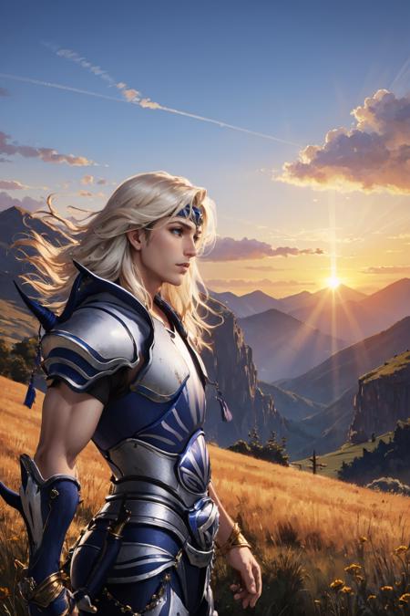 masterpiece, best quality,<lora:ff4cecil-nvwls-v1-000009:0.9> ff4cecil, headband, cape, white armor, gauntlets, sunset, mountains, wide shot, field, from side