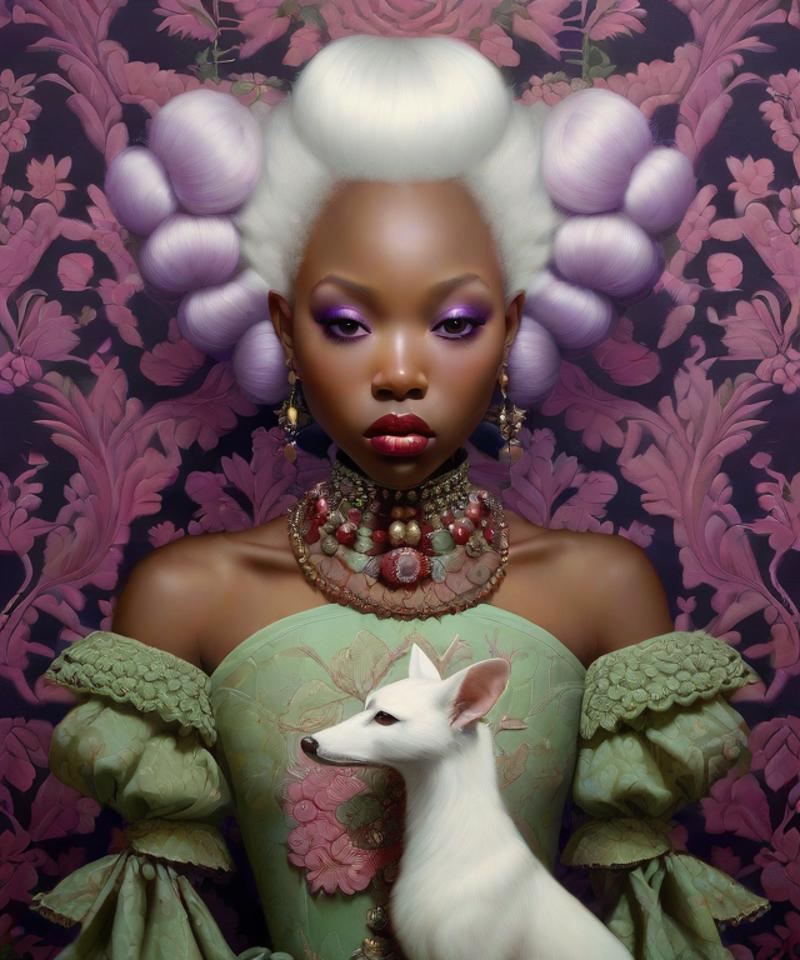 realistic_cute_creepy_white_hair_dark_ebony_skin_african_female_painting__melancholic__high_fashion__hyper_realism__muted_colours_purple_green_red__rococo__ln_the_style_of_natalie_shau__1730474081.png