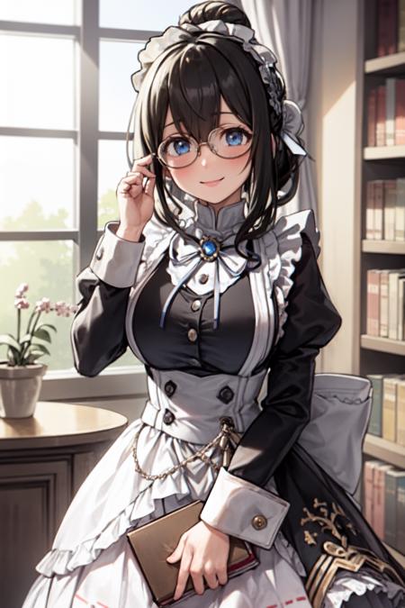 <lora:sagisawa fumika v2fix:1> sagisawa fumika, 1girl, glasses, maid, solo, bookshelf, blue eyes, black hair, alternate costume, maid headdress, apron, enmaided, smile, juliet sleeves, dress, long sleeves, puffy sleeves, bespectacled, looking at viewer, book, maid apron, single hair bun, breasts, library, white apron, hair bun, indoors, blush, brooch, frills, black dress, official alternate costume, large breasts, long hair, sidelocks, round eyewear