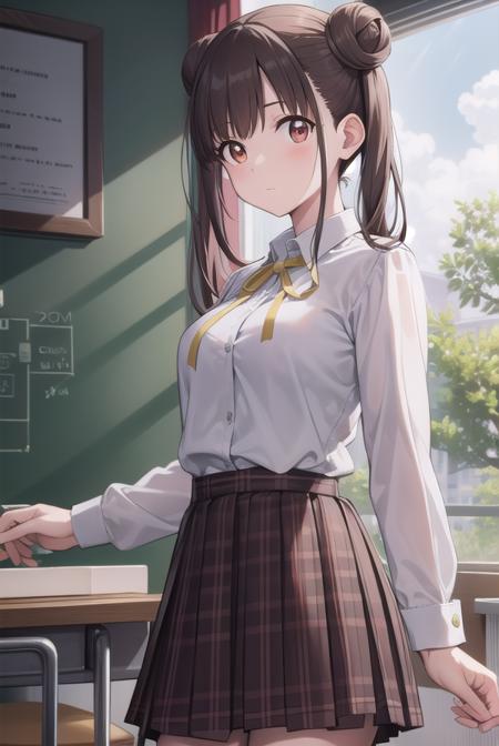 chiyokosonoda, <lora:chiyokosonoda-lora-nochekaiser:1>,
chiyoko sonoda, brown hair, (red eyes:1.5), hair bun, long hair, double bun, sidelocks,
BREAK brown skirt, buttons, collared shirt, dress shirt, miniskirt, neck ribbon, plaid, plaid skirt, pleated skirt, ribbon, school uniform, shirt, skirt, white shirt, yellow ribbon,
BREAK indoors, classroom,
BREAK looking at viewer, cowboy shot,
BREAK <lyco:GoodHands-beta2:1>, (masterpiece:1.2), best quality, high resolution, unity 8k wallpaper, (illustration:0.8), (beautiful detailed eyes:1.6), extremely detailed face, perfect lighting, extremely detailed CG, (perfect hands, perfect anatomy),