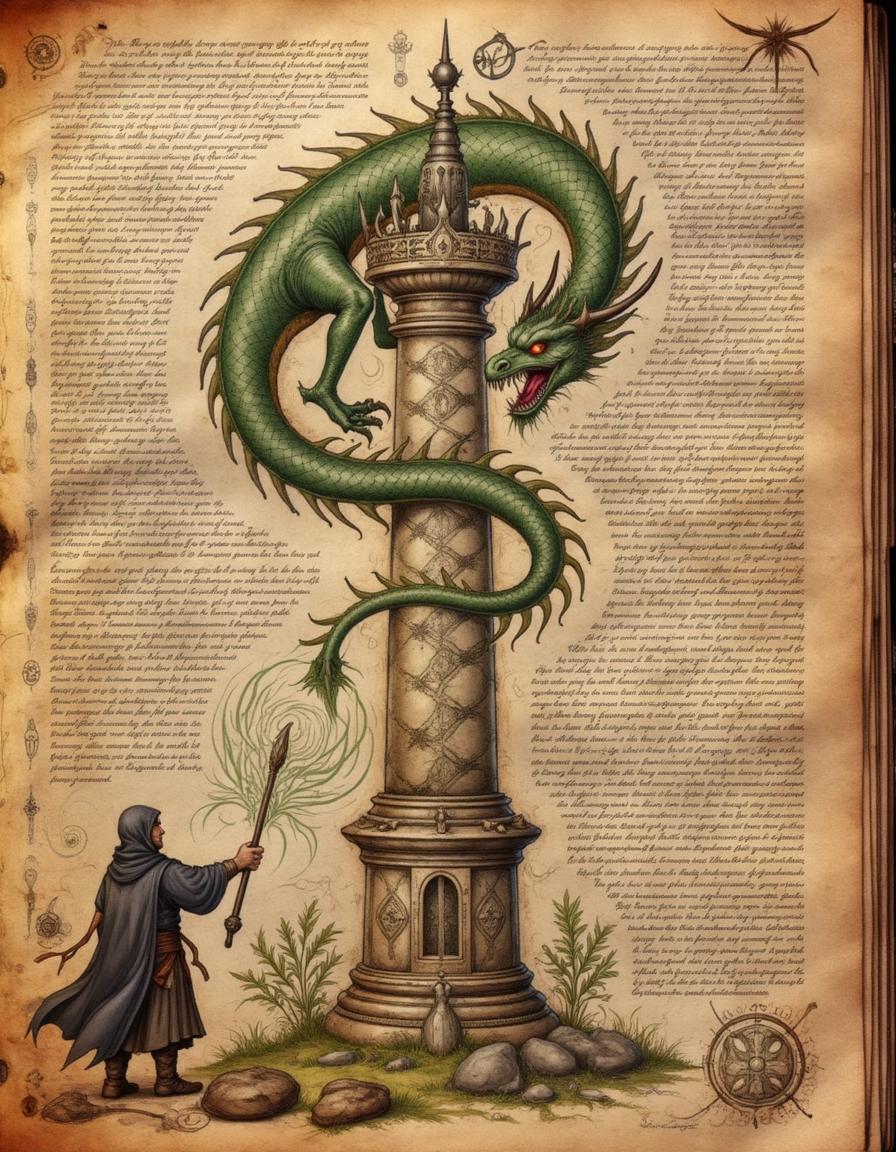 <lora:codex_arcanum_v20-360:1>, spllbkpg, A weathered sheet of parchment illustrates a fearsome dragon coiled around an ancient tower. The dragonâs scales shimmer with a metallic sheen, and its eyes glow with a fiery intensity. Below, a cloaked mage raises a staff toward the beast, casting a wave of energy shown as swirling lines. Symbols of protection are etched into the base of the tower and extend across the page like a web. The parchment is aged and stained, giving the appearance of a relic documenting an epic battle.