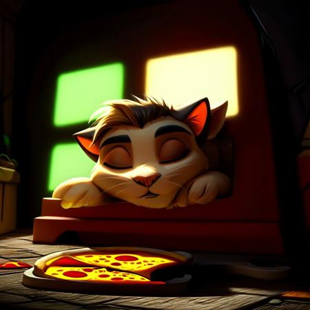 score_9, score_8_up, score_8, top down full body view, ((cute adorable and fluffy cat sleeping ontop of a pizza what rests ontop of a pizza box)), fluffy wild kitty cat, NightScapes, pizza, neko, cat, feline, cheese strings, juicy, perfectly baked pizza, juicy pepperony pizza, cozy atmosphere, creative light overlay, 4k, masterpiece, (masterpiece), best quality, (4K), (cinematic lighting), highly detailed, 8K, UHD, ultra detailed, immersive picture, vivid colors, volumetric light, cinematic light, extremely detailed CG, clutter, thrash, cluttered shed, boxes labeled 'stuff', tangled cables, tools, batteries, charger, 18650 randomness, various objects, wall painting, low key, spot lighting, BREAK glass jars, green liquid, green glass, glass bottle, red liquid, backlit, sleeping neko cat,