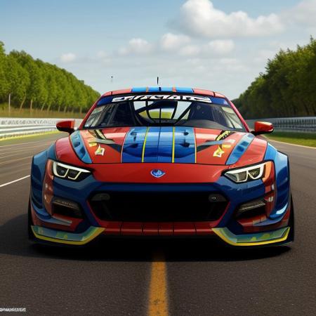 red and blue water colors striped racing car,  8k,  extreme detail,  realistic, perfect, no mistakes, amazing, epic, vibrant colors, sparkling, shining, symmetrical, cool, drifting car on a road, ufos following car