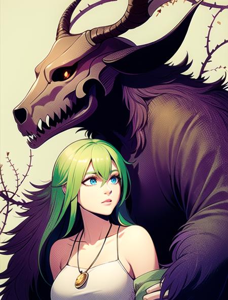 Masterpiece, photograph volumetric lighting, elias ainsworth, animal skull, <lora:Elias_AinsworthB-10:0.6> BREAK with woman, Green hair, blue eyes, BREAK vines, thorns