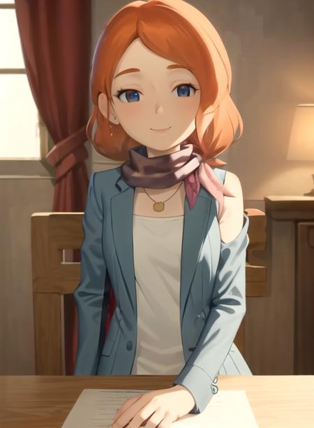 best quality, (masterpiece),(ultra-detailed), (high quality), (high resolution), <lora:clairef-10:0.85>,1girl,orange hair, chair, claire foley, hairclip, indoors, jacket, jewelry, long hair, necklace, scarf, skirt, sleeveless, smile, upper body, variations,short hair, braid, hair over shoulder,