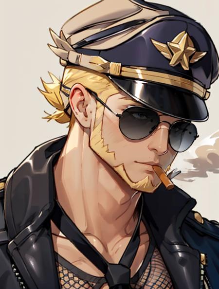 Santos_Gyee, solo, looking at viewer, short hair, blonde hair, 1boy, hat, nipples, jacket, upper body, male focus, open clothes, necktie, uniform, open jacket, black jacket, muscular, facial hair, abs, sunglasses, pectorals, muscular male, fishnets, bara, beard, smoke, large pectorals, cigarette, mature male, smoking, leather, leather jacket, cigar, police hat, <lora:Santos_Gyee:1>