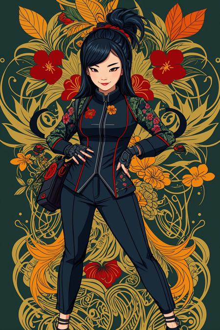 nocturnal asian hacker, vector art, caricature, flat colors, floral,biomechanical,distorted,serpentine