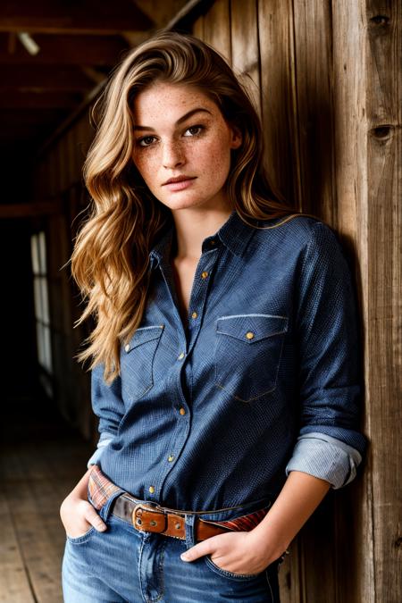 high fashion photography, a photo of fay3 woman, (wearing an open plaid shirt and jeans:1.2), (freckles:0.8), slim body, standing in a barn, medium shot, mid shot, highly detailed, high quality, HQ, intricate, 4K, RAW photo, studio quality, sharp, highly detailed face, realistic details, soft light, EF 70 mm, Canon, DSLR, digital photo, film grain, sharp focus, award-winning photo, detailed skin texture, (blush:0.5), (goosebumps:0.5), subsurface scattering, <lora:fay3_v1_SD15:1>