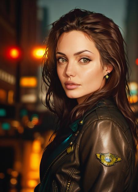 Portrait of anjo as a beautiful female model, georgia fowler, beautiful face, with short dark brown hair, in cyberpunk city at night. She is wearing a leather jacket, black jeans, dramatic lighting, (police badge:1.2)

 <lora:AngelinaJoliev1:1>