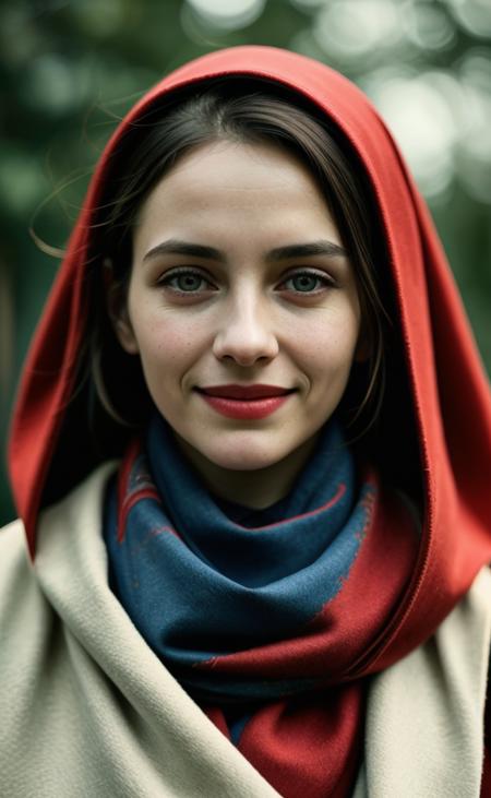 emotional photo of happy smiling woman Joanna, professional photomodel,  in design ornamental velvet attire, (clean hands pose,:1.2) suntanned skin, (red scarf:1.1),  blue coat,  face, perfect teeth, 8k uhd, high quality,  film grain, looking at viewer, portrait, (skin pores:1.2), (moles:0.8), (imperfect skin:1.1), intricate details, goosebumps, flawless face, ((photorealistic):1.1), (raw, 8k:1.2), hyper realistic, HDR, cinematic, dark, muted colors, atmosphere, ((macro lens)), after dusk, outdoors, red theme