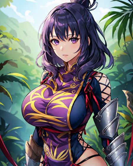 best quality, (masterpiece:1.2), illustration, absurdres,
(1girl), (solo), (beautiful detailed girl), (upper body, portrait),
<lora:Rixia:0.9>, Rixia Mao, dark purple hair, medium hair, purple eyes, huge breasts,
purple china dress, armored boots, thighhigh boots, thigh boots, armored gauntlet, pelvic_curtain,
in a jungle, tropical jungle,,