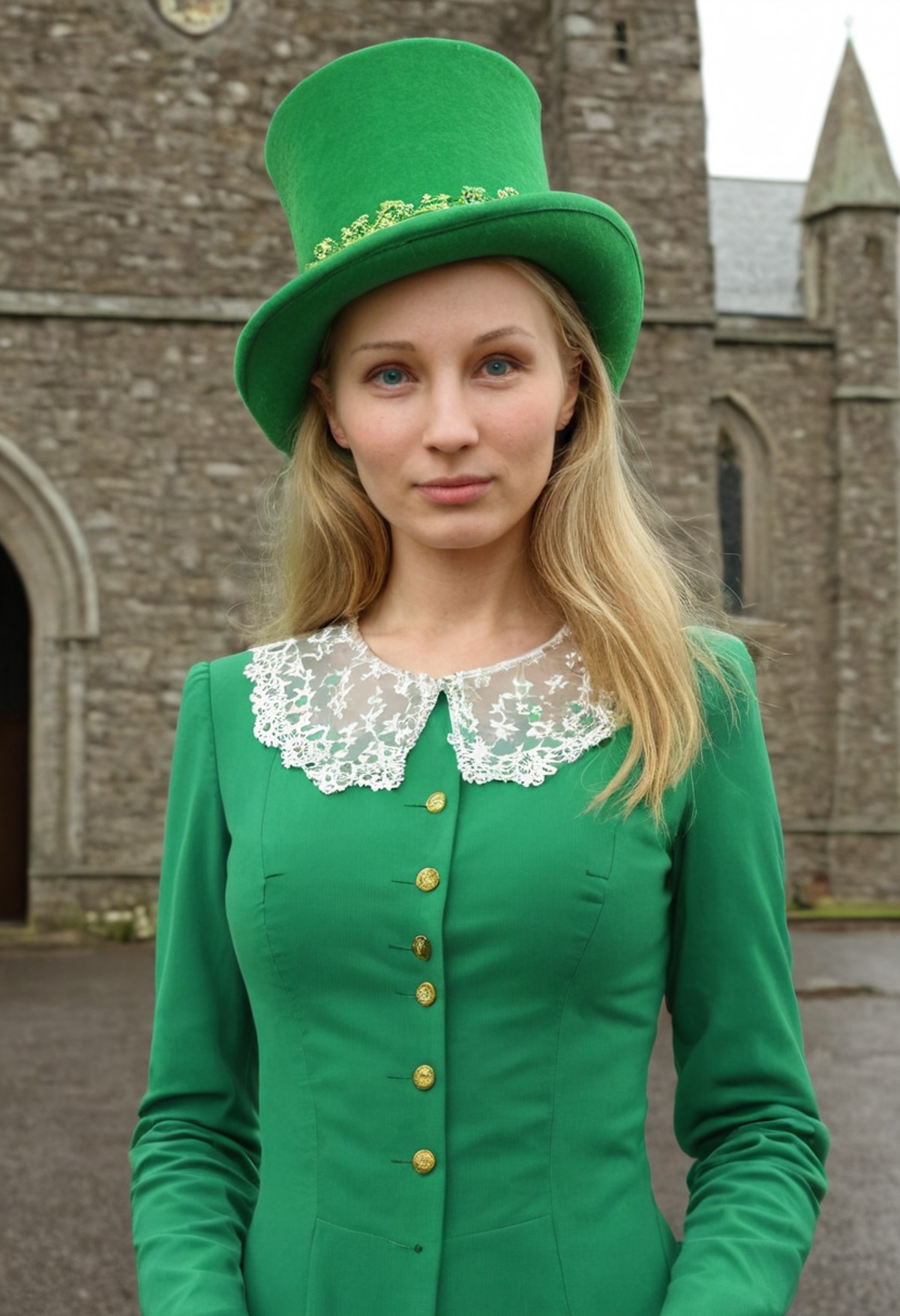 full body, masha, blond hair, wearing a royal st patricks day dress, green irish top hat, outside an irish church
