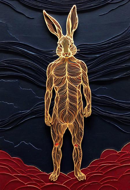 Thick layer, dark gold, bold lines, hyper detailed, a dark warm limited palette, chiaroscuro, linquivera, volumetric, liiv1, dimensional, depthr, high stack, heavy texture, tangible layers, papercut art of linquivera kylin, veins in shape of a wounded rabbit standing on two legs looking at the viewer anonymously and bleeding blood, rabbit is on top of a hill, moon shining with lighing rays