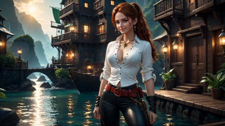 (wide angle:1.3, full body female:1.3), photorealistic:1.2, Fujifilm XT3, cinematic composition, high fantasy, beautiful nature, (medium breasts:0.8, cleavage), (21 year old girl pirate in open white shirt and tight black pants, long boots, belt), necklace, earrings, Sara, irish, (intricate details:1.2), red hair, side ponytail, thin waist:0.7, wide hips:0.5, thick thighs:0.4, flat stomach:0.6, curvy:0.2, smile, wet and shiny skin, large head, symmetric features, detailed hands, perfect hands, <lora:add-detail-xl:1>, (masterpiece:1.2), (epic composition:1.4), (talent:1.2), ultra detailed, cinematic lighting, highly detailed, insanely detailed, (photorealistic:1.2), hdr, 8k, exquisite, sharp, elegant, ambient lighting, fantasy vivid colors, high quality,