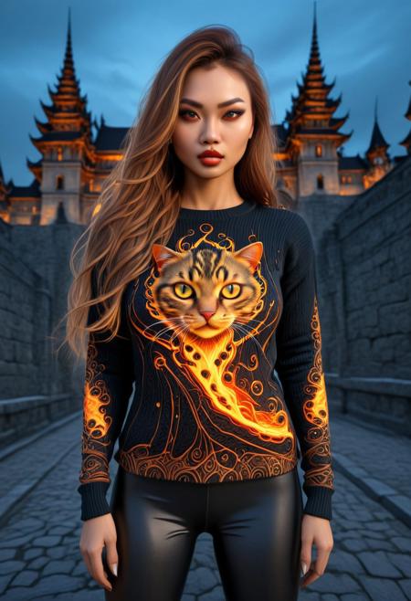 FireDarkstyle, Cambodian woman, asian features, long hair, huge boobs, small waist, fitness body, toned muscle, wide hips, An extreme photorealistic upper body shot of a cat girl with mesmerizing golden eyes and slit pupils. She has long, flowing two-tone hair, FireDarkstyle hair with striking unrealistic beauty. red lips, the skin has tiny imperfections like pores, faint freckles, and slight skin texture variations to add realism. Realistic lip texture with soft lines, slight gloss, and natural color variation. Realistically detailed tear ducts, slightly moist, enhancing the natural appearance of the eyes. Faint, barely visible veins under the eyes, adding depth and authenticity to the skin. Individually rendered eyebrow hairs with natural variation in direction, length, and thickness. Variation in hair strand thickness, with some thinner and finer than others, Gothic castle, lively, luminescent, Majestic castle, big eyes, fully dressed, (FireDarkstyle printed silksweater:1.8), (FireDarkstyle painted castle:1.4), (outdoors:2), CZC, FULL BODY, CLOTHED.
