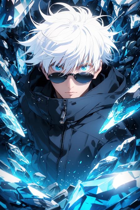 gojou satoru, 1boy, full  body, white hair, blue eyes, looking at viewer,Fine eyes,
high collar, hair between eyes, black jacket,short hair, bangs, white hair, colorful crystal stone, hair between eyes, colored eyelashes, black jacket, jacket, high collar, round sunglasses, 
<lora:Kim_gojou satoru:0.8>